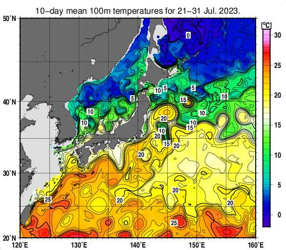日本近海の深さ100mの旬平均水温分布図（2023年7月下旬）