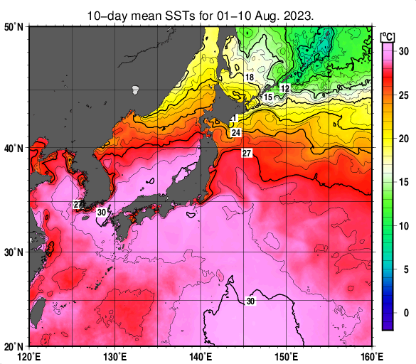 日本近海の旬平均海面水温分布図（2023年8月上旬）