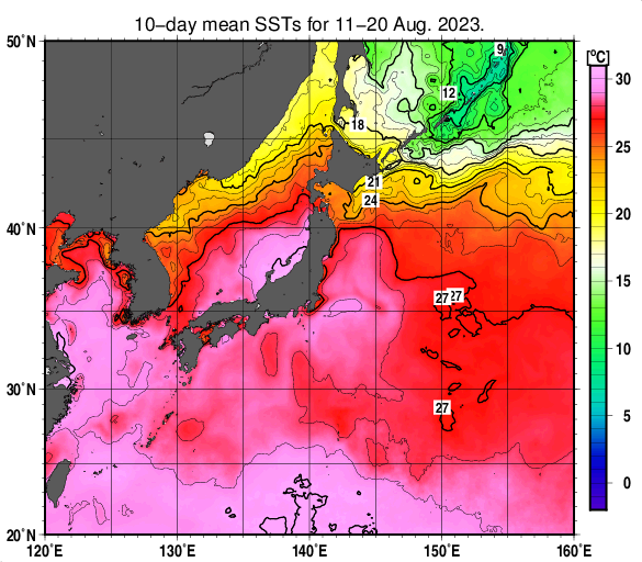 日本近海の旬平均海面水温分布図（2023年8月中旬）