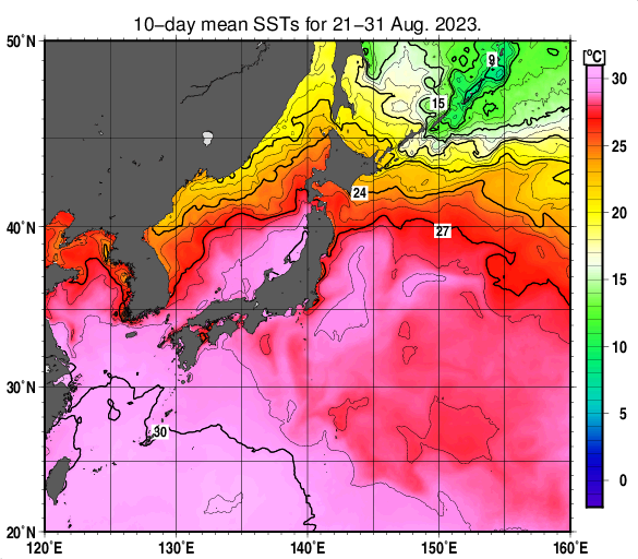 日本近海の旬平均海面水温分布図（2023年8月下旬）