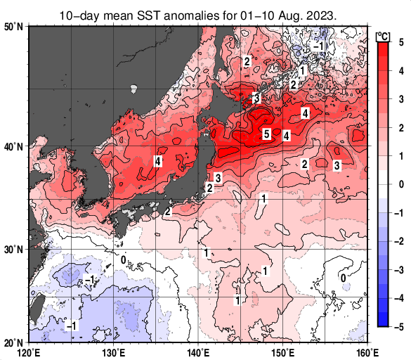 日本近海の旬平均海面水温平年差分布図（2023年8月上旬）