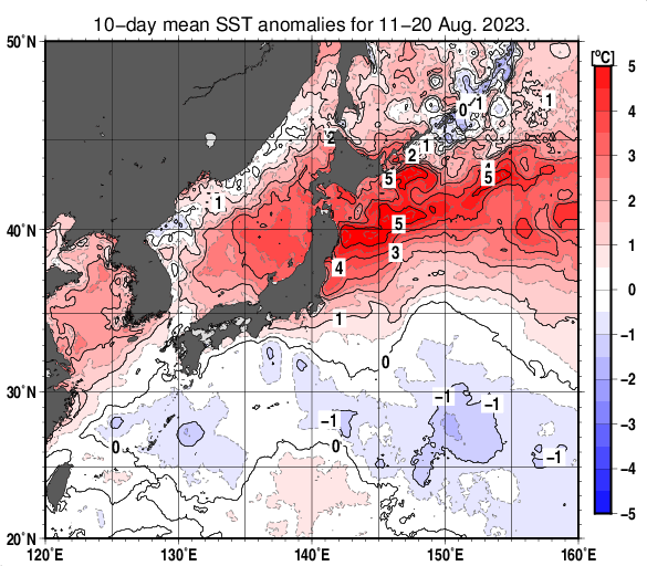 日本近海の旬平均海面水温平年差分布図（2023年8月中旬）