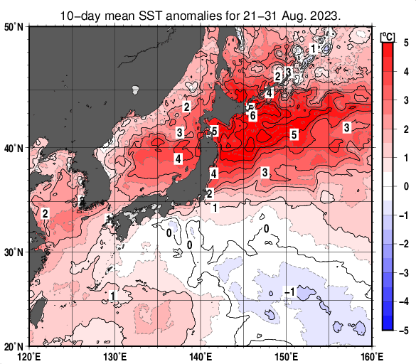 日本近海の旬平均海面水温平年差分布図（2023年8月下旬）