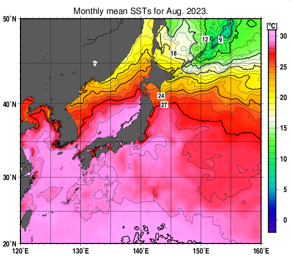 日本近海の月平均海面水温分布図（2023年8月）