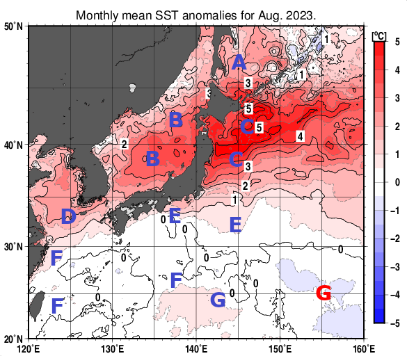 日本近海の月平均海面水温平年差分布図（2023年8月）