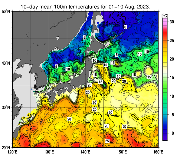 日本近海の深さ100mの旬平均水温分布図（2023年8月上旬）