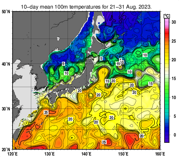 日本近海の深さ100mの旬平均水温分布図（2023年8月下旬）