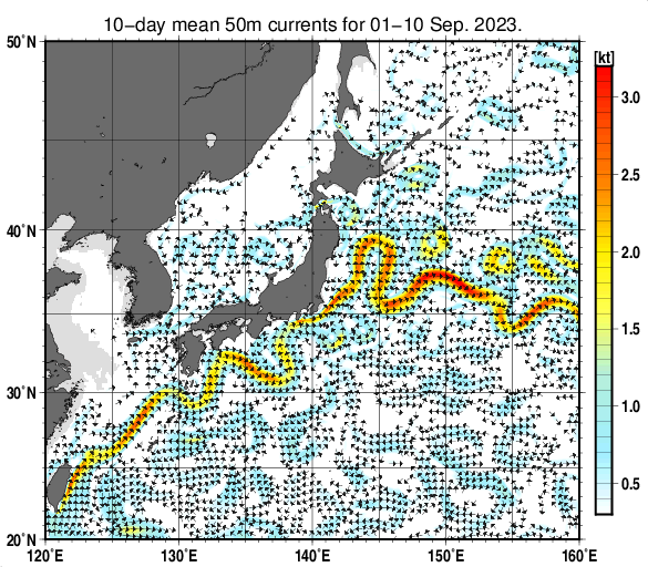 日本近海の深さ50mの旬平均海流分布図（2023年9月上旬）