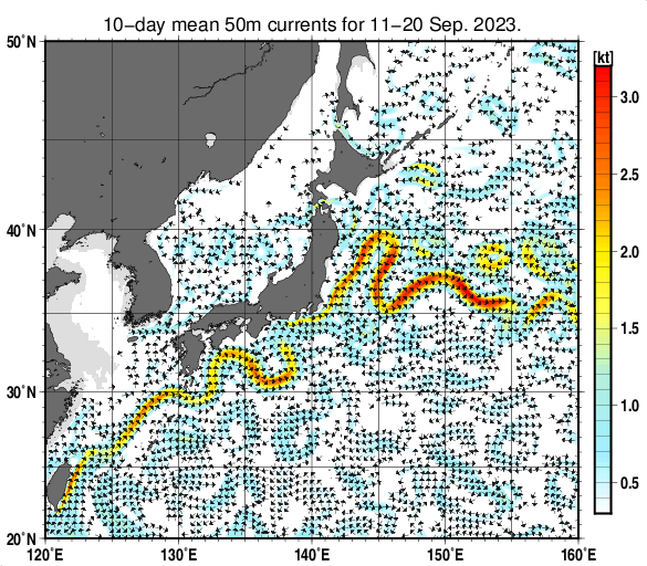 日本近海の深さ50mの旬平均海流分布図（2023年9月中旬）
