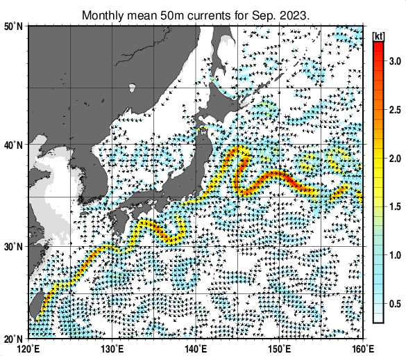 日本近海の深さ50mの月平均海流分布図（2023年9月）