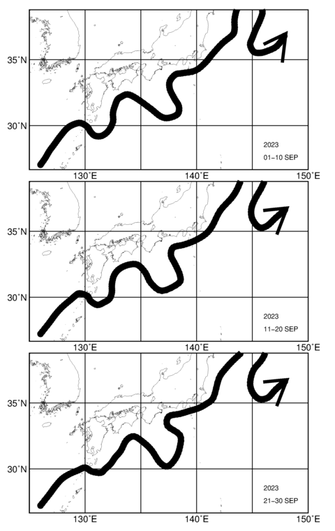 旬別黒潮流軸図（上段：2023年9月上旬、中段：9月中旬、下段：9月下旬）