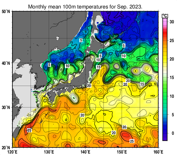 日本近海の深さ100mの月平均水温分布図（2023年9月）