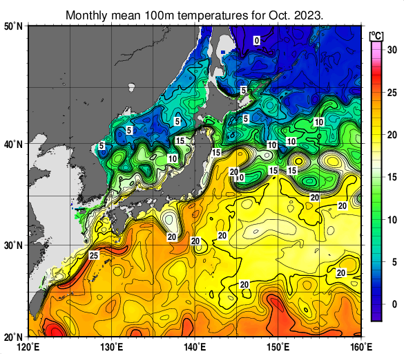 日本近海の深さ100mの月平均水温分布図（2023年10月）