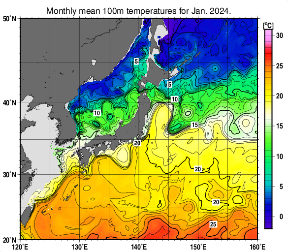 日本近海の深さ100mの月平均水温分布図（2024年1月）