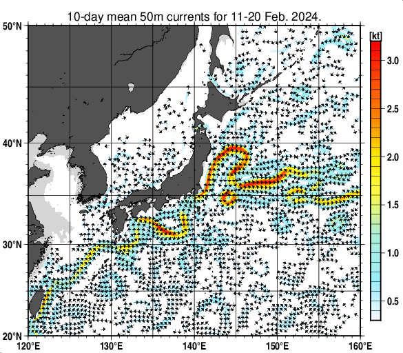 日本近海の深さ50mの旬平均海流分布図（2024年2月中旬）