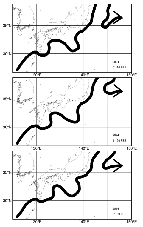 旬別黒潮流軸図（上段：2024年2月上旬、中段：2月中旬、下段：2月下旬）