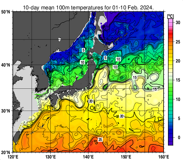 日本近海の深さ100mの旬平均水温分布図（2024年2月上旬）