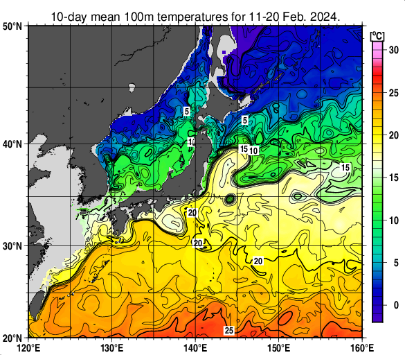 日本近海の深さ100mの旬平均水温分布図（2024年2月中旬）