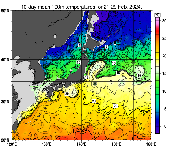 日本近海の深さ100mの旬平均水温分布図（2024年2月下旬）