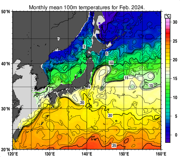 日本近海の深さ100mの月平均水温分布図（2024年2月）