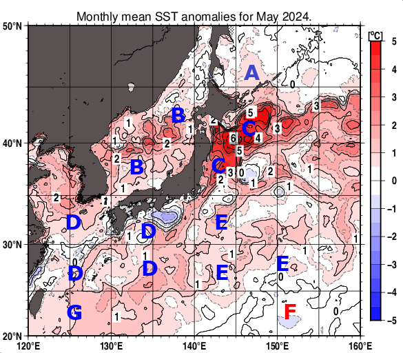 日本近海の月平均海面水温平年差分布図（2024年5月）