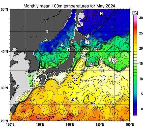 日本近海の深さ100mの月平均水温分布図（2024年5月）