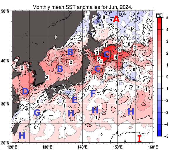 日本近海の月平均海面水温平年差分布図（2024年6月）