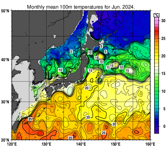 日本近海の深さ100mの月平均水温分布図（2024年6月）