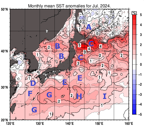 日本近海の月平均海面水温平年差分布図（2024年7月）