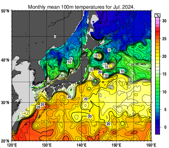 日本近海の深さ100mの月平均水温分布図（2024年7月）