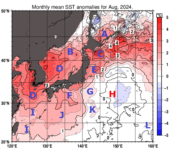 日本近海の月平均海面水温平年差分布図（2024年8月）