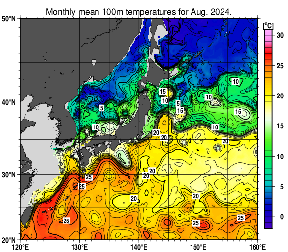 日本近海の深さ100mの月平均水温分布図（2024年8月）