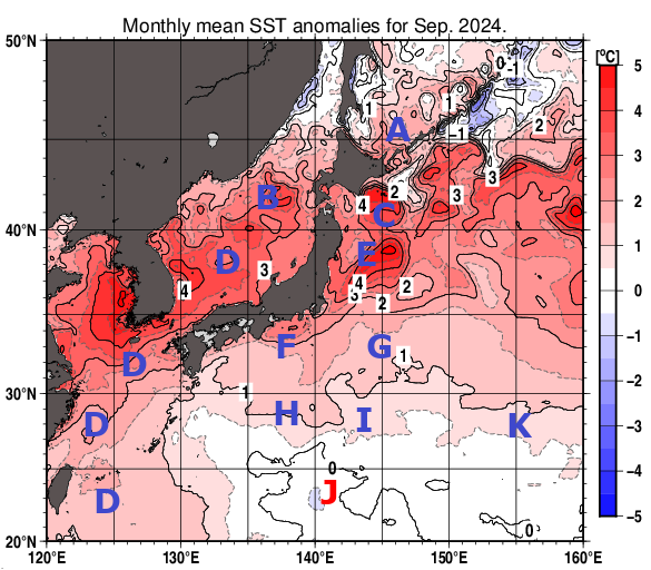 日本近海の月平均海面水温平年差分布図（2024年9月）