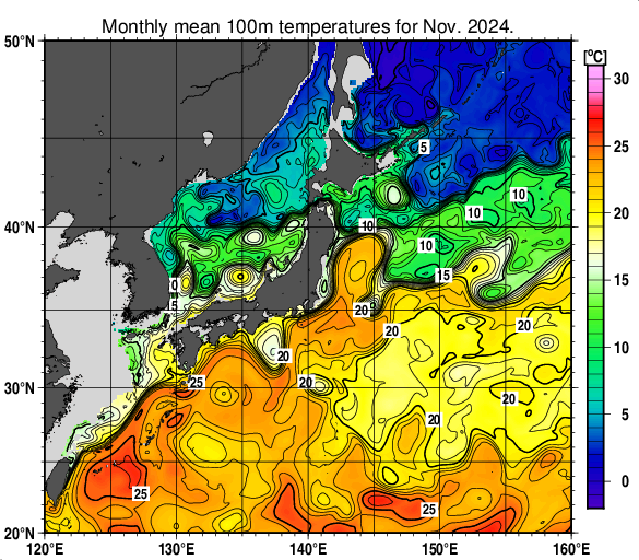 日本近海の深さ100mの月平均水温分布図（2024年11月）