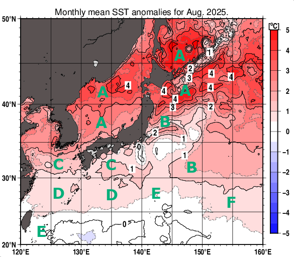 日本近海の月平均海面水温平年差分布図(2025年8月)