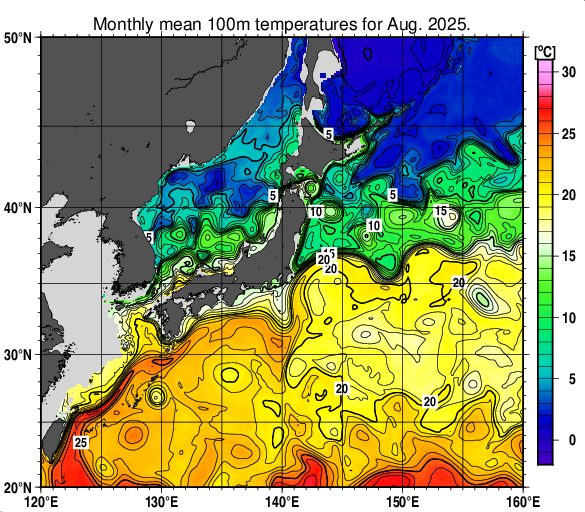 日本近海の深さ100mの月平均水温分布図（2025年8月）