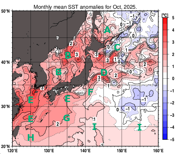日本近海の月平均海面水温平年差分布図（2025年10月）