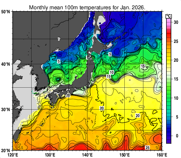 日本近海の深さ100mの月平均水温分布図（2026年1月）