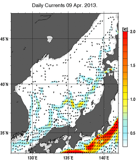 日本海の深さ50mの海流分布図（4月9日）