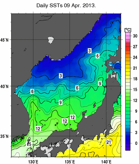 日本海の海面水温分布図（4月9日）