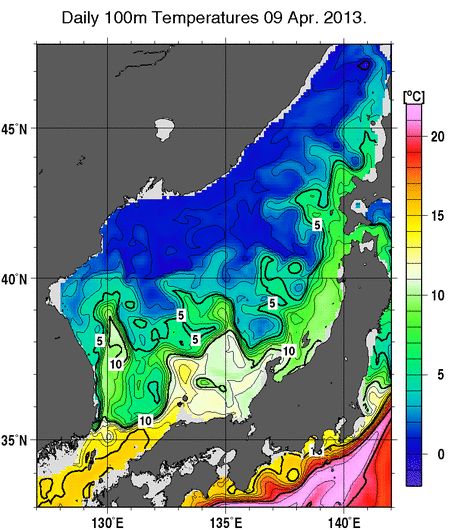 日本海の深さ100mの水温分布図（4月9日）