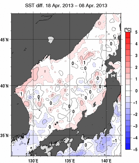 日本海の10日間の海面水温変化量分布図（4月18日）