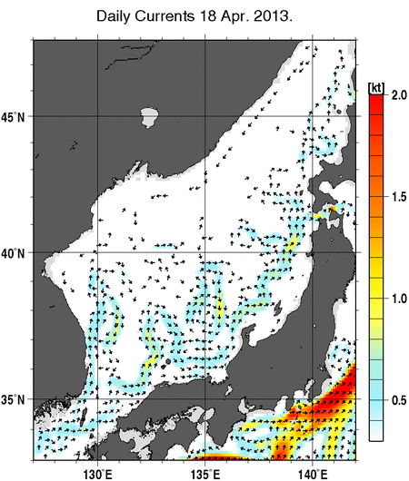 日本海の深さ50mの海流分布図（4月18日）