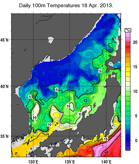 日本海の深さ100mの水温分布図（4月18日）