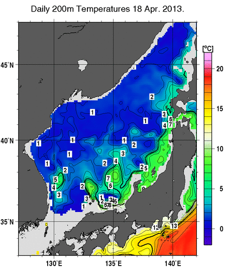 日本海の深さ200mの水温分布図（4月18日）