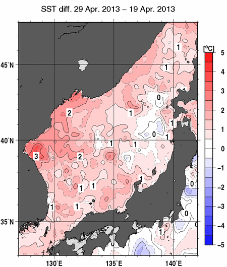 日本海の10日間の海面水温変化量分布図（4月29日）