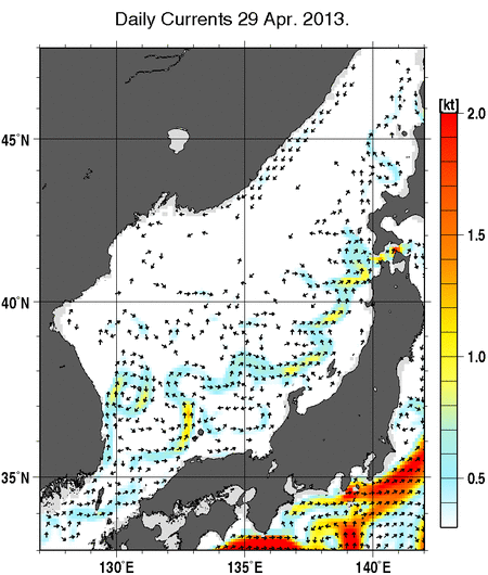 日本海の深さ50mの海流分布図（4月29日）