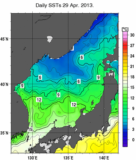 日本海の海面水温分布図（4月29日）