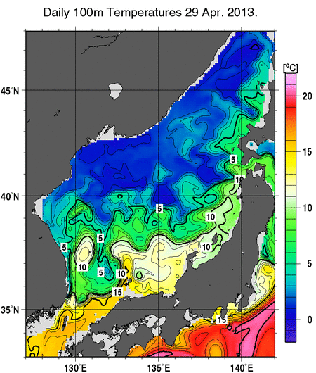 日本海の深さ100mの水温分布図（4月29日）