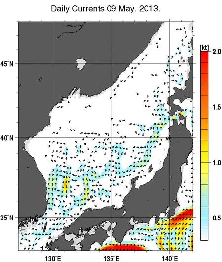 日本海の深さ50mの海流分布図（5月9日）